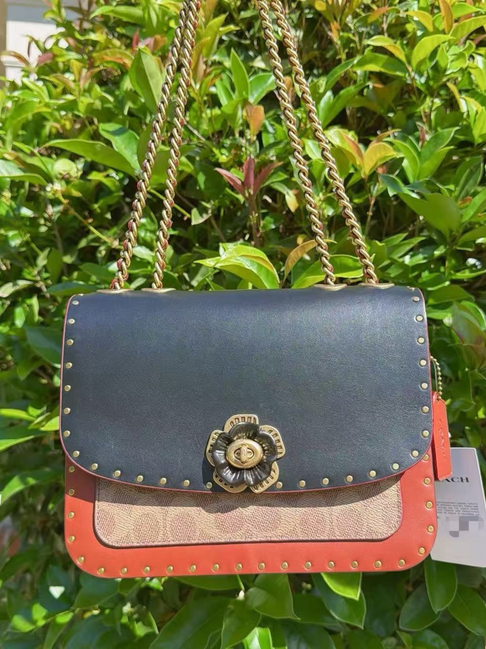 Coach Madison Shoulder Bag In Signature Canvas With Rivets And Snakeskin Detail